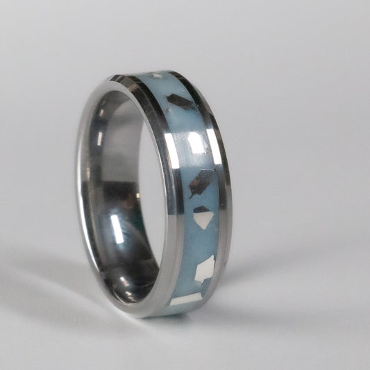 Tungsten Rings with Sterling Silver Inlays and Blue Glow